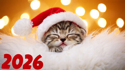 Sleeping tabby kitten wearing santa hat with festive lights christmas