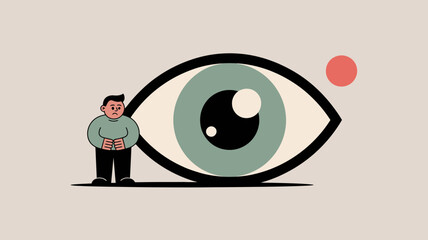 A small man stands beside a giant eye symbolizing surveillance observation and the feeling of being watched in a minimalist illustration