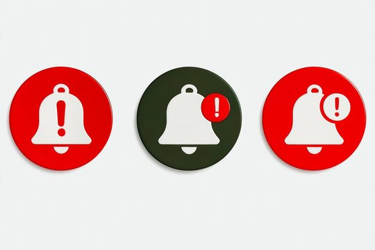 Three notification bell icons in red and dark green circles with white alert symbols and a number one badge