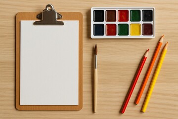 creative tools set for artists, clipboard with painting tools prepared for creative artwork session