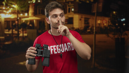 Lifeguard man wearing red shirt and whistle holding binoculars and finger to lips while looking...