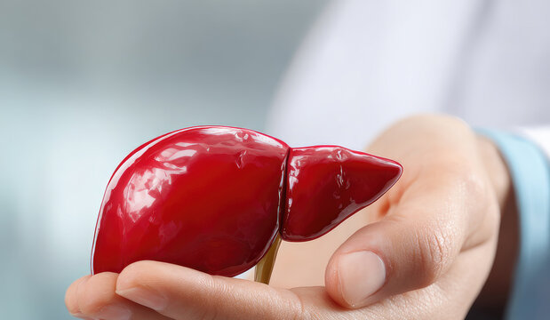 Hand's holding liver, concept of liver and organ donation or charity, hospital, anatomy, diagnosis, cancer, disease donor support, health care of life and family, insurance background with copy space