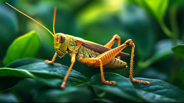 A vibrant grasshopper perched on lush green leaves in nature.