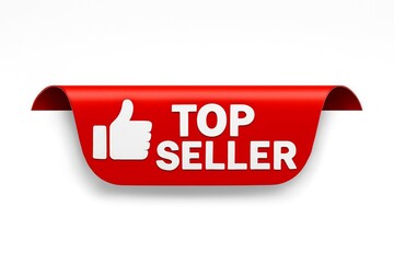 Bright red top seller tag with a white thumbs up icon and white text indicating top sales and best product