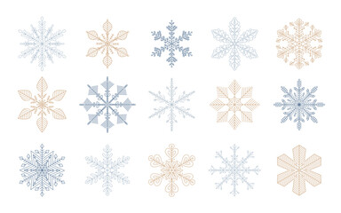 Fototapeta premium Collection of snowflakes ice crystal. Set of golden and silver snowflakes vector design elements. Merry Christmas and happy new year ice crystal for winter greeting print isolated. Snow icon symbols.