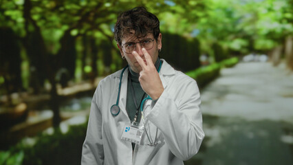 Hispanic doctor in park makes watchful gestures, wearing white coat and stethoscope under lush green canopy, conveying vigilance calmly yet assertively.