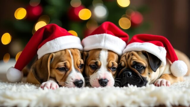 Puppies of different breeds (beagle, jack russell, french bulldog, corgi, pug) sleep in red christmas santa hats against the background of a christmas tree with a golden bokke