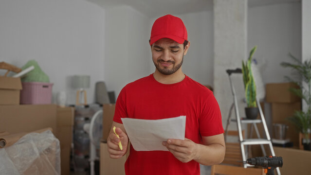 Young man in red uniform reviewing and pointing at delivery papers in a building interior; diligence. - Powered by Adobe