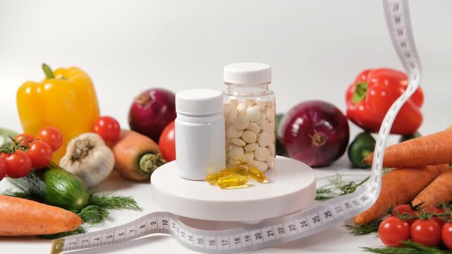 Vitamins and dietary supplements are displayed on a podium and covering by measuring tape, surrounded by fresh organic vegetables, highlighting a commitment to diet and wellness, slow motion