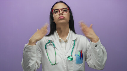 Hispanic female doctor with a stethoscope cools herself with her hands in front of a purple wall, wearing glasses and a white uniform, expressing heat discomfort.