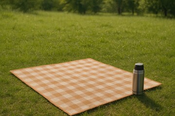 gingham blanket with thermos under sunset sky, relaxed picnic on plaid blanket with warm glow
