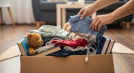 Organizing donations with clothes, books, and teddy bear placed in box for charity. Donation process includes folding garments, sorting toys, and organizing items in preparation.
