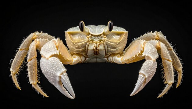 High-contrast macro portrait of a pale ghost crab with striking eyes and textured shell, isolated on black.