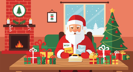 Flat vector of Santa reading children’s wish letters at desk surrounded by gifts, classic Christmas preparation theme