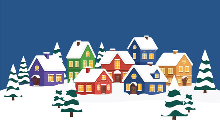 Flat vector of cozy snow-covered Christmas village with decorated houses and trees, peaceful festive winter scene