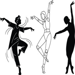 Dancing People Vector Set: Male Silhouette, Female Outline, and Geometric Ballet Pose