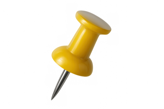 Yellow pushpin holding concept, office thumbtack accentuating note or document, sharp point for attaching objects