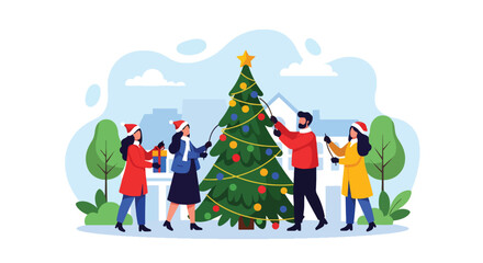 Flat vector of people decorating large outdoor Christmas tree in snowy town square, joyful community celebration