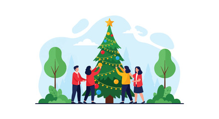 Flat vector of people decorating large outdoor Christmas tree in snowy town square, joyful community celebration