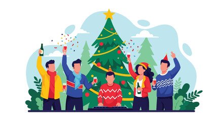 Flat vector of friends celebrating Christmas party indoors with music, DJ, drinks, confetti, and laughter, cheerful festive moment