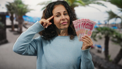 Middle-aged woman at seaside holding chinese yuan with a thoughtful gesture, symbolizing financial contemplation by the beach.