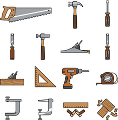 Woodworking and Carpentry Tools Vector Icon Set Saw, Hammer, Drill, and Workshop Equipment