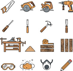 Woodworking Workshop Tools and Safety Equipment Vector Icon Set for Carpentry and DIY