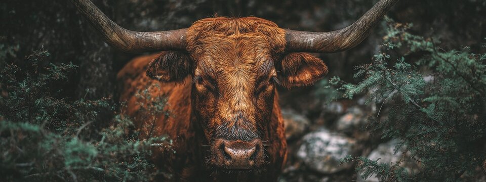 Texas longhorn bull steer cow with long horns standing in green pasture