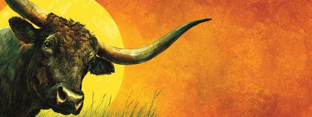 Texas longhorn bull steer cow with long horns standing in green pasture