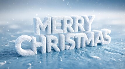 Three dimensional merry christmas text rendered in realistic ice with water droplets and frosty background