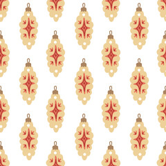 Seamless Christmas pattern with beige and red hand drawn ornaments. Cozy festive vector background perfect for wrapping paper, textile, winter decor, and greeting cards.