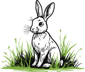 Rabbit sitting on grass, hand-drawn single line, bold outline, white background 1