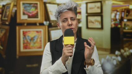 Caucasian woman with short hair wearing white shirt and black vest holding microphone with gesturing hand in building; focus.