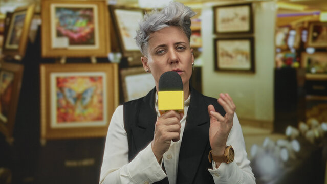 Caucasian woman with short hair wearing white shirt and black vest holding microphone with gesturing hand in building; focus.