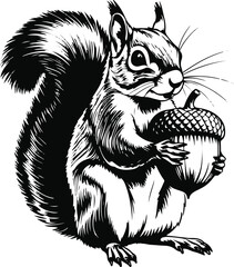Squirrel holding acorn, line drawing with bold contour and clean shape 1.