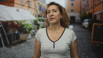 Woman hispanic middle aged points finger to chest at a restaurant terrace on a cobblestone street, pointing to self; refusal.