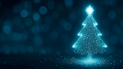 A futuristic Christmas tree with circuit details and a glowing star on a blue background with bokeh. Christmas and New Year's concept.