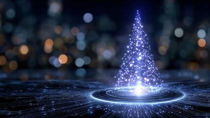 A futuristic digital hologram Christmas tree with glowing lights on a dark background with bokeh and copy space. Christmas and New Year's concept.