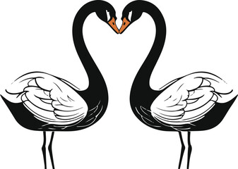 Swan couple forming heart shape with necks, minimalist bold line design