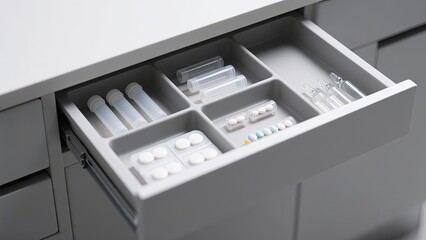 A drawer is open, revealing neatly arranged medical supplies, such as vials, tablets, and syringes, all stored in a light gray organizer. This setup shows a clean and organized healthcare environment