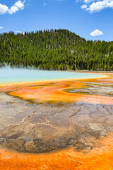 Scenic view of water running from the Grand Prismatic Spring in Yellowstone National Park,.
