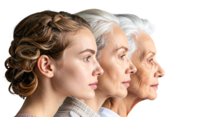 The life stages of a woman from youth to old age shown in profile view