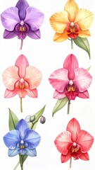 Fototapeta premium Vibrant Watercolor Collection of Six Different Colored Phalaenopsis Orchids on White Background