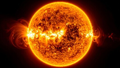 Fototapeta premium Fiery Sun with Erupting Solar Flares and Plasma Loops: Detailed View of Intense Stellar Activity and Coronal Ejections