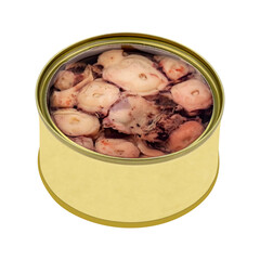 Canned squid in tin can ready to eat. Squid in sunflower oil. The isolation is on a transparent background in the PNG format.