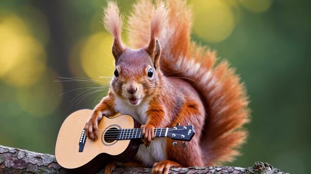 Funny red squirrel playing guitar and singing in the forest. High quality FullHD footage