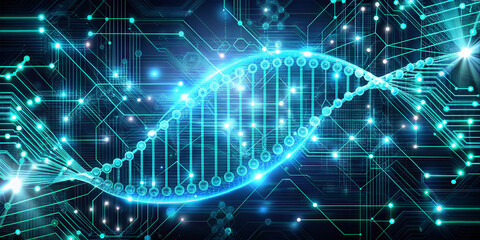 A vibrant visualization of a DNA double helix against a backdrop of intricate circuitry. This artwork illustrates the connection between genetics and advanced technology in a futuristic style