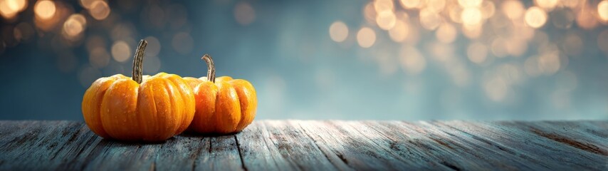 Whimsical harvest: pumpkins alight against soft bokeh. Promotional poster. Vivid seasonal pumpkins on wood, enveloped by bokeh warmth. Adventure poster. Scifi poster.