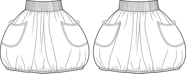 Bubble skirt flat sketch, vector fashion technical drawing, puff skirt with pockets, cad apparel design template, clothing illustration