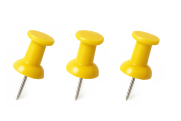 Three yellow pushpin thumbtacks for office supplies and stationery, holding important notes, transparent background